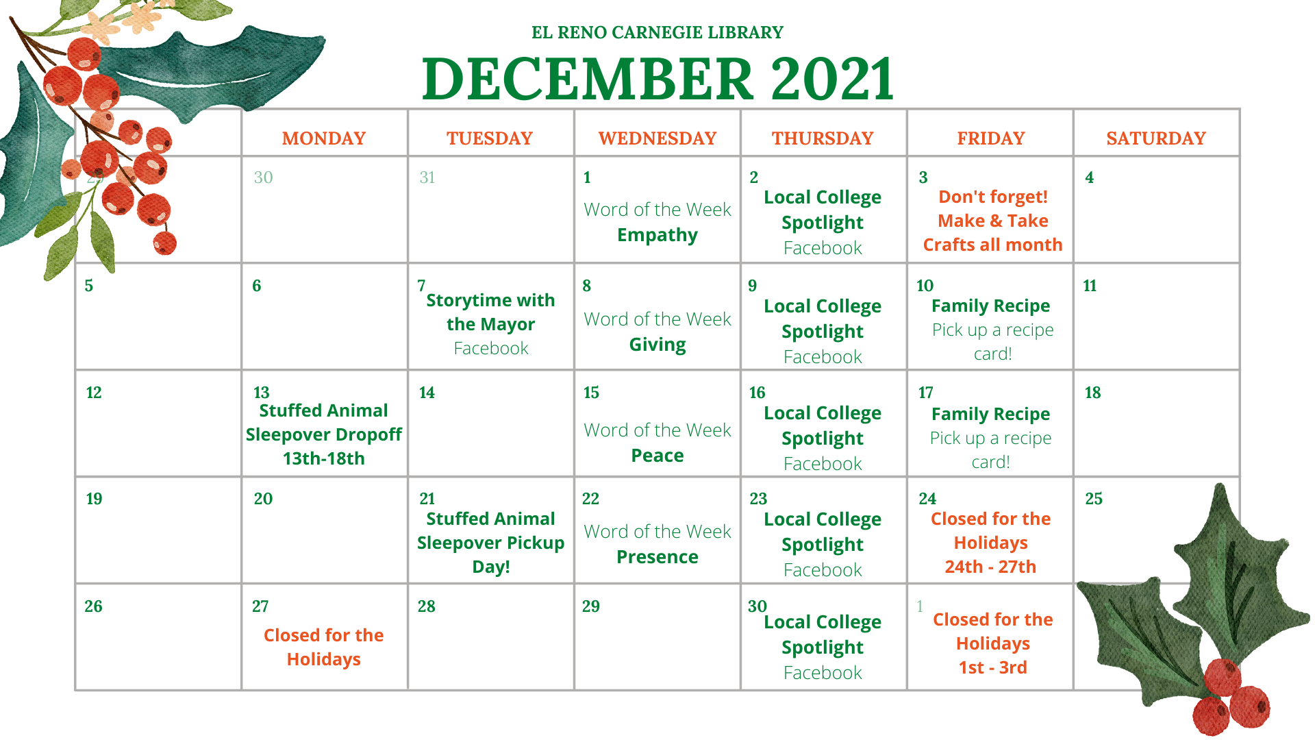 December Event Calendar El Reno Carnegie Library