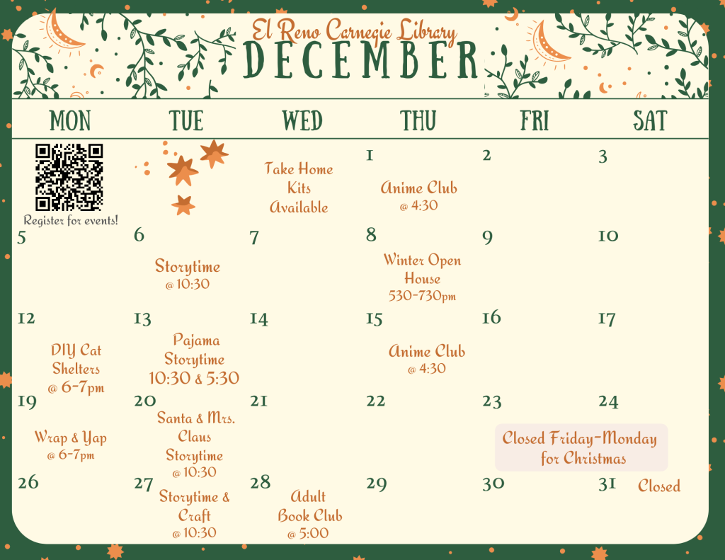 December Events Calendar El Reno Carnegie Library