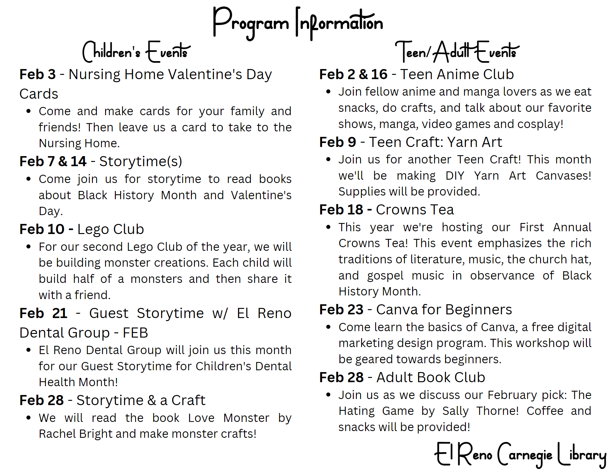 February Events Calendar El Reno Carnegie Library