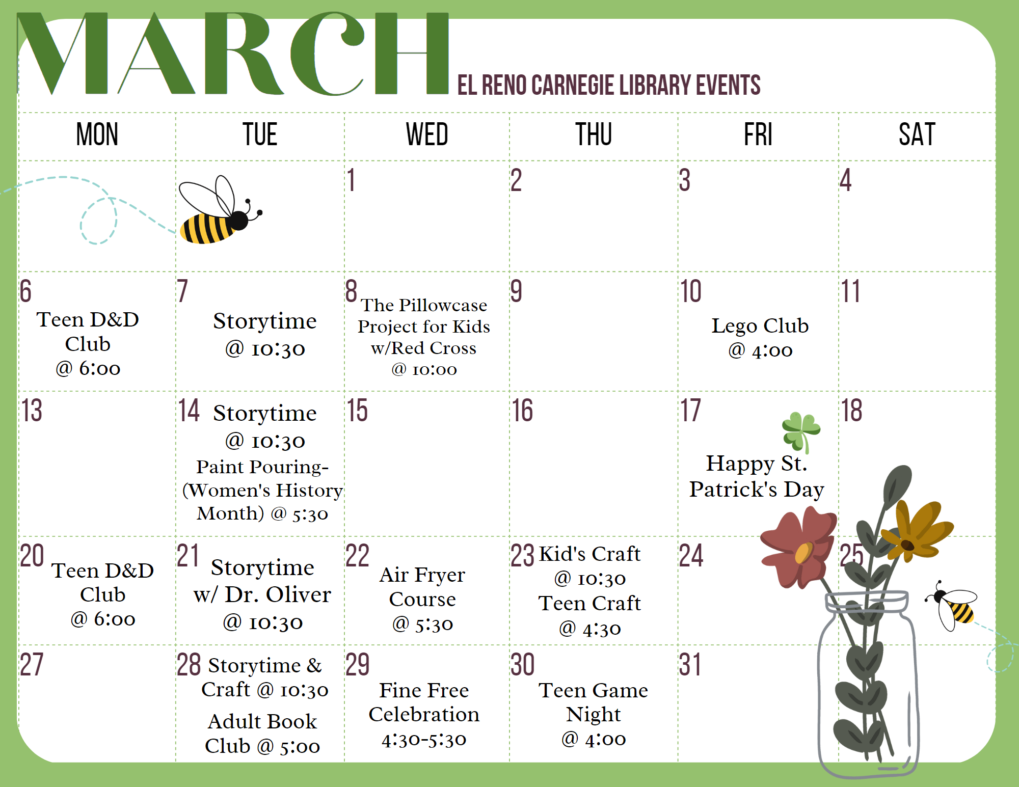 March Calendar of Events El Reno Carnegie Library